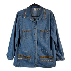 Ease‎ Sport Women's 18W Denim Button Shirt Jacket Blue Leopard Trim Western